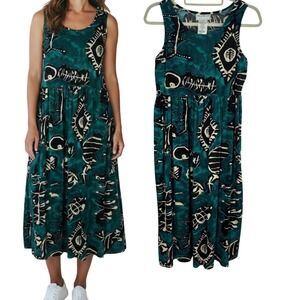 Molly Malloy Size M Petite Green Abstract print Sleeveless‎ Midi Dress Vintage